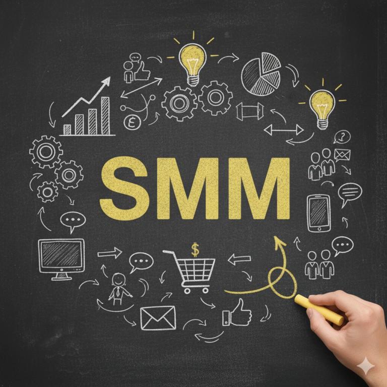 SMM written on chalkboard with social media icons, shopping cart and growth arrows.