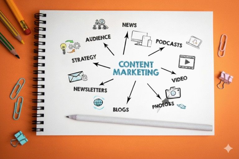 Notebook with content marketing strategy diagram showing blogs, video, podcasts and newsletters.