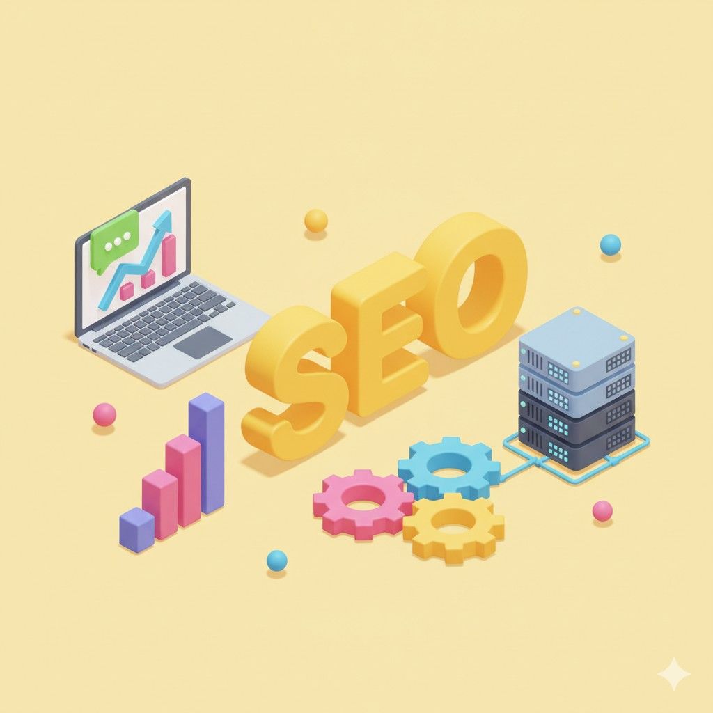 3D SEO text with laptop, analytics chart, server stack and gears on yellow background.