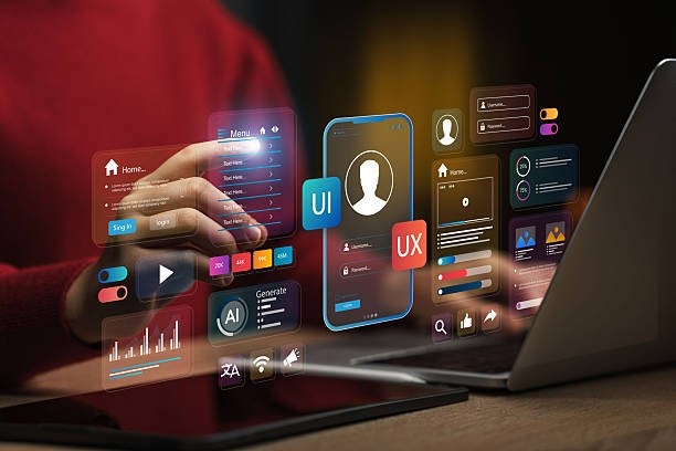 Person using a laptop with floating UI/UX design elements, app interfaces, and analytics icons on screen.